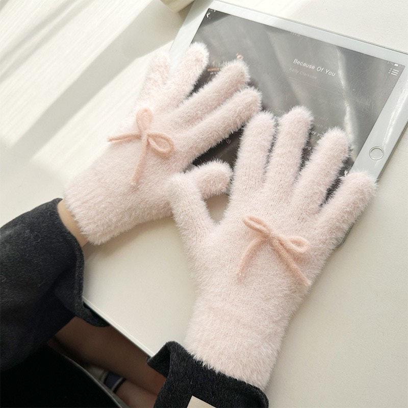 Korean Style Cute Bow Plush Knitted Gloves Autumn and Winter Warm and Cold Proof Five Finger Gloves Cycling Finger Gloves