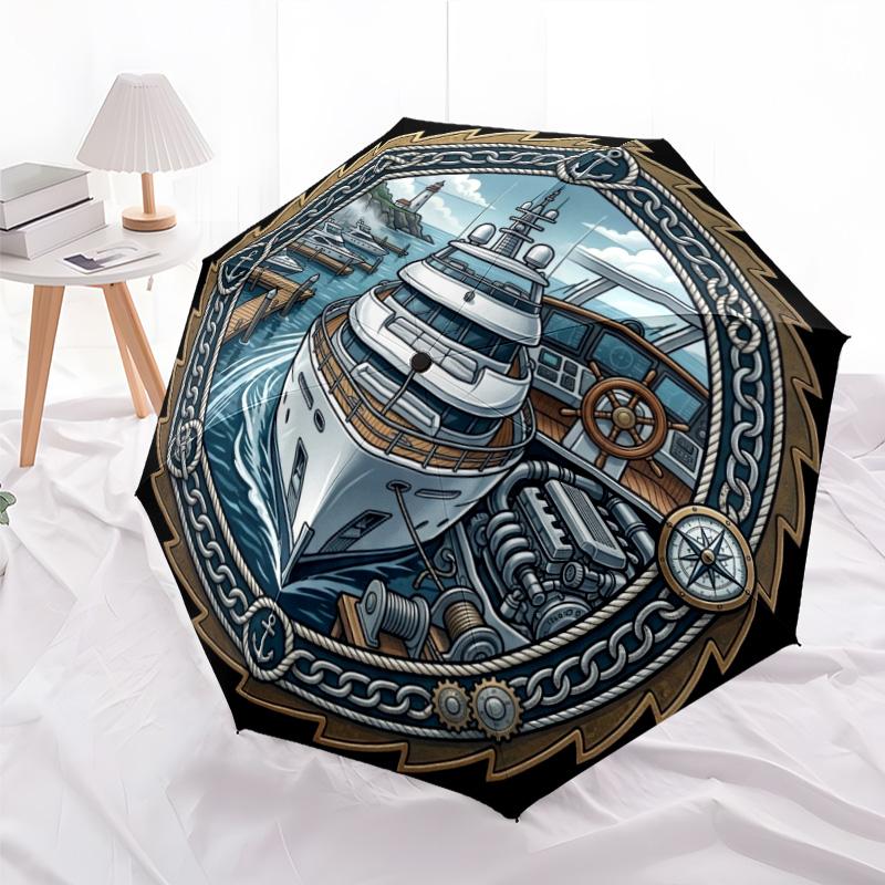 Nautical Luxury Yacht Journey Pattern Umbrella, Portable and Foldable Design, 8 Ribs, a Casual Accessory for Halloween, Christmas, and Birthday Gifts.