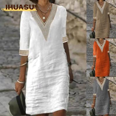 Abiti casual da donna, estivi e primaverili, con stampa a tinta unita, maniche 2/1 e scollo a V
