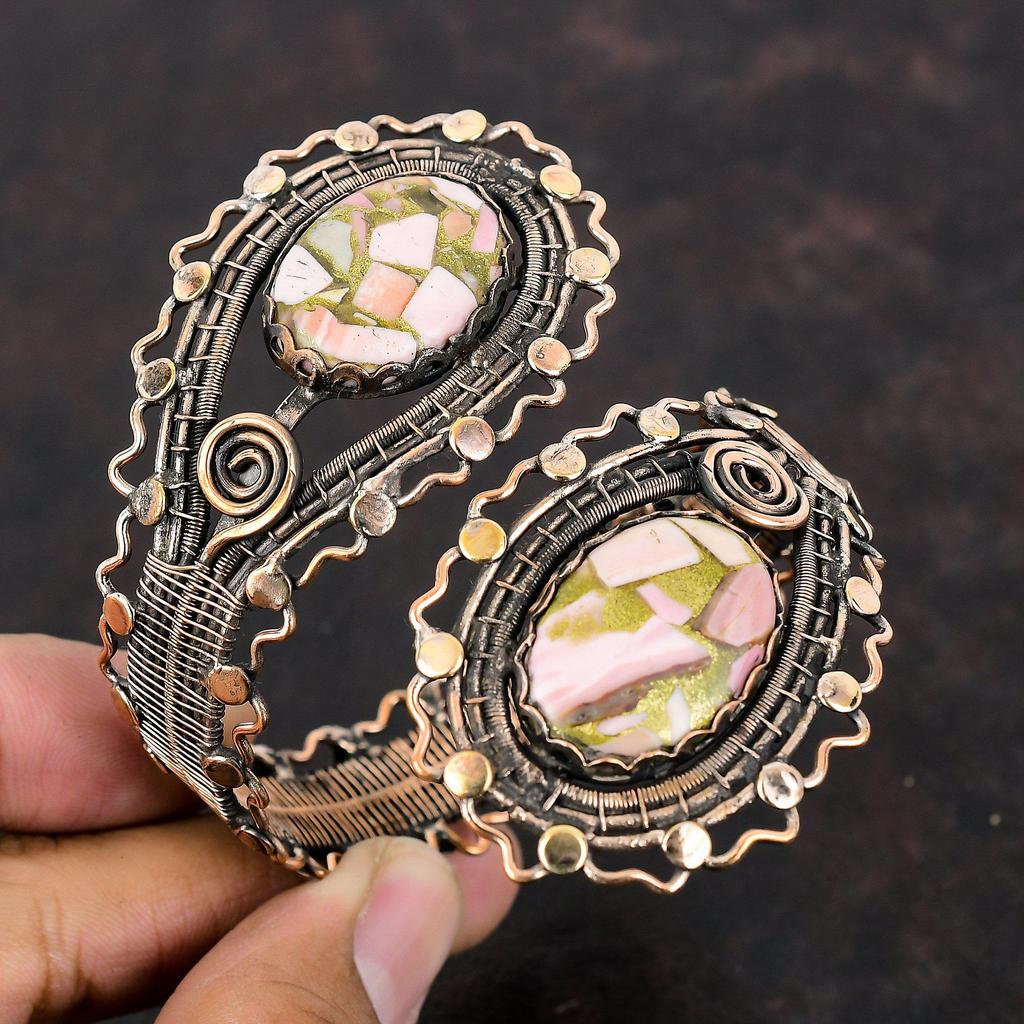 Kupfer Rosa Opal Armreif Kupferdraht umwickelt Edelstein Manschettenarmband Verstellbarer Armreif Handarbeit Schmuck Jahrestag Geschenk Kupferdraht Schmuck