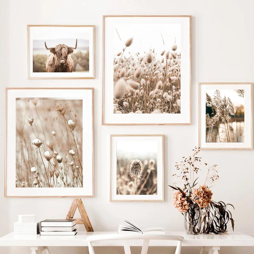 Dried Grass Wall Art Print Nordic Posters Highland Elk Canvas Painting Landscape Dandelion DecorationPictures for Home Room Art