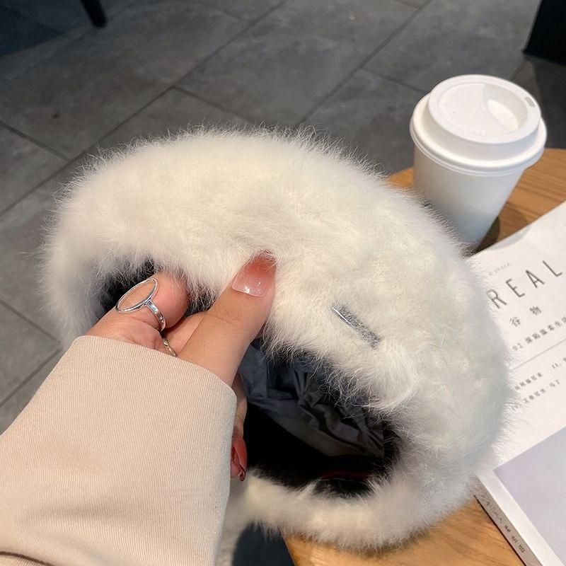Ladies White Rabbit Fur Hat Winter Beret Autumn and Winter Versatile Trendy Retro Bud Hat