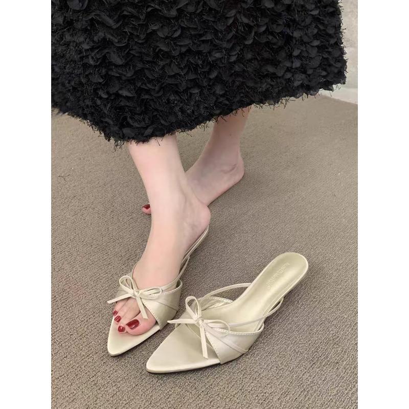 Summer new large size rhinestone mesh pointed fish mouth high heels thin heel sexy one word cool slippers half drag 42 абрикосовый