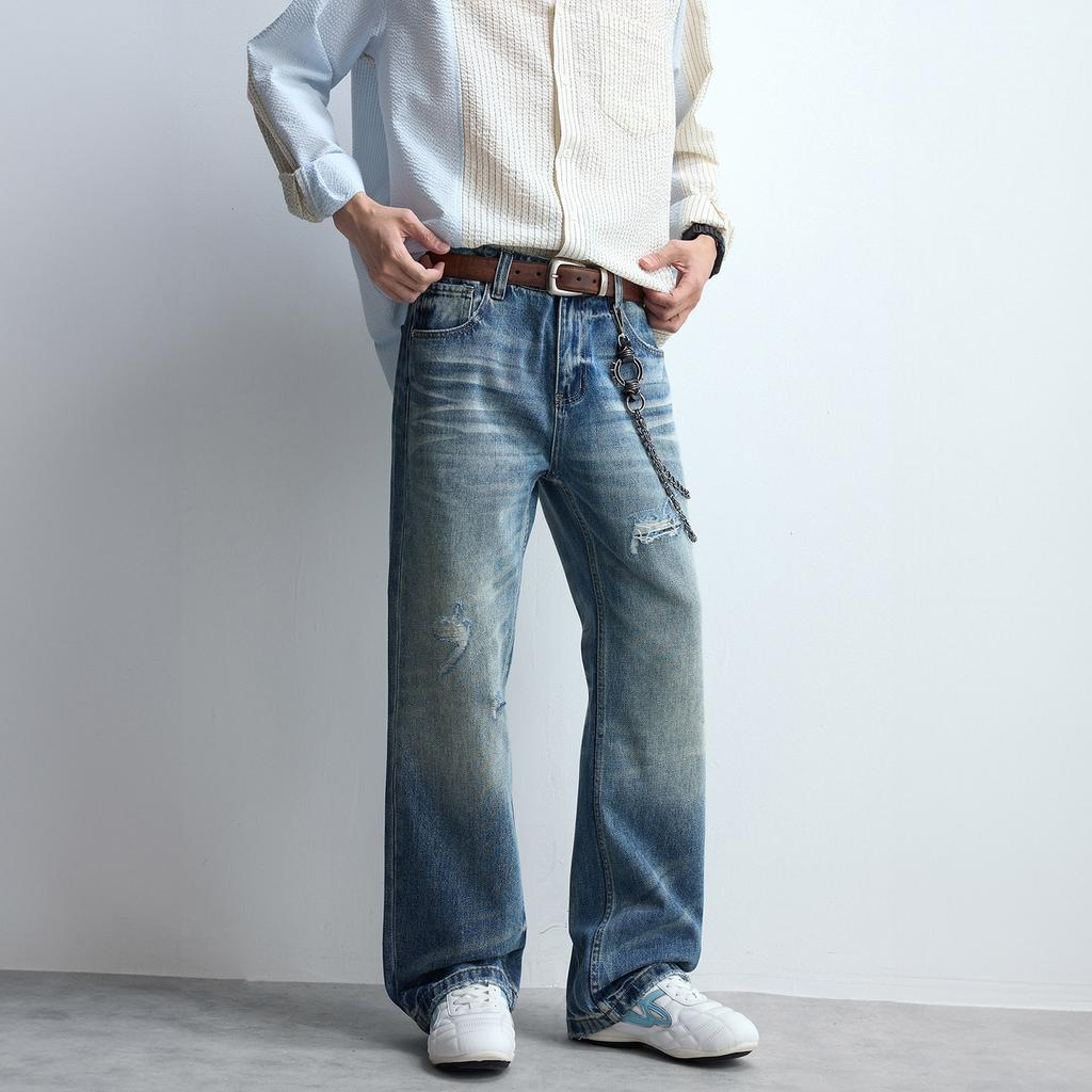 New American autumn and winter washed blue jeans men's cat whiskers loose straight wide-leg casual pants