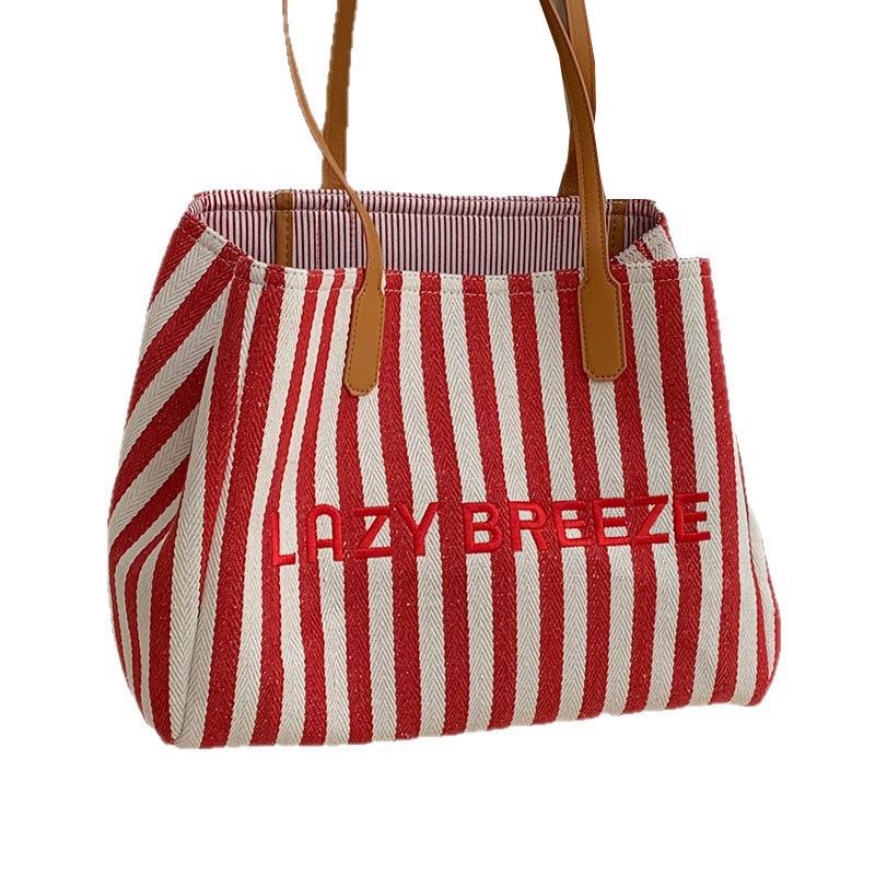 Casual Large-capacity Underarm Bag Women's  New Striped Canvas Bag Fashionable Shoulder Tote Bag