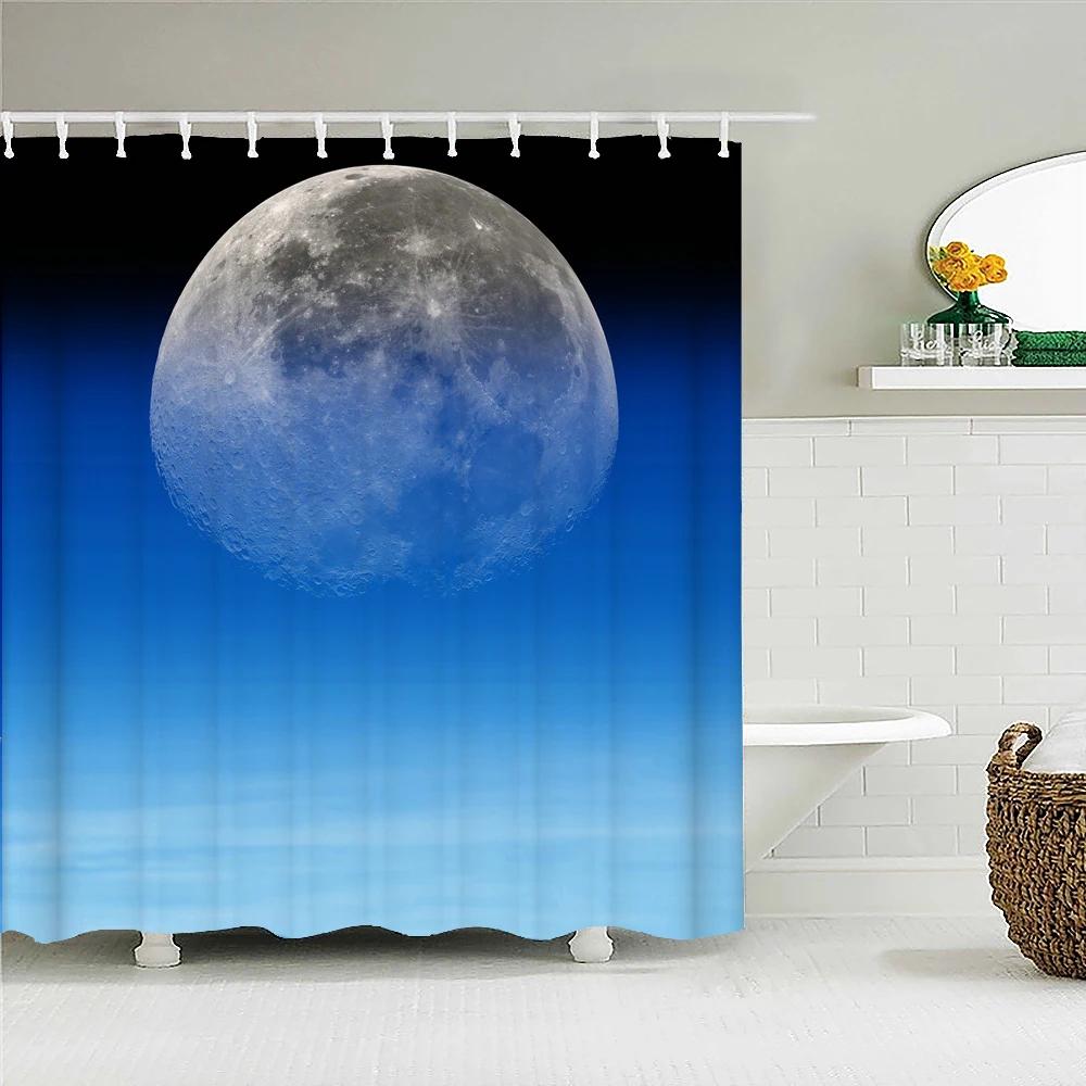 Earth Moon Starry Sky Scenery Printing Shower Curtains Bathroom Curtain Waterproof Fabric With Hooks Home Decoration Bath Screen