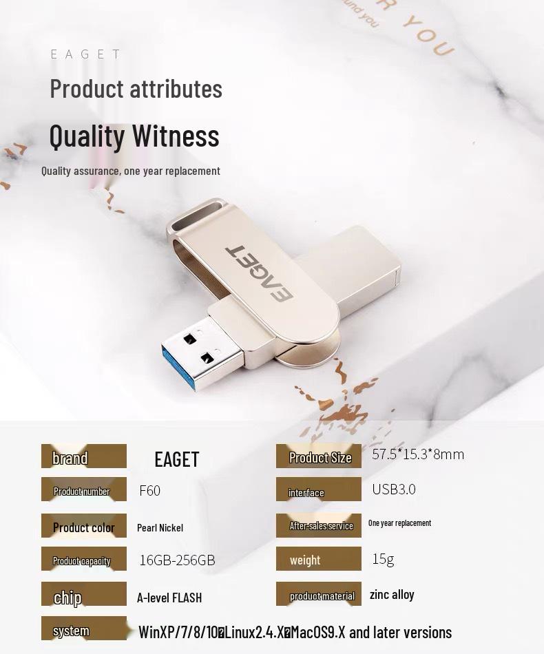 High-Speed Eaget F60 Metal USB 3.0 Flash Drive - Available in 16GB, 32GB, 64GB with Engraving Option