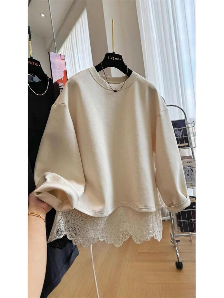 Women's 2024 Lace Splicing Faux Two-Piece Round Neck Sweatshirt - Spring/Autumn Casual Loose Fit