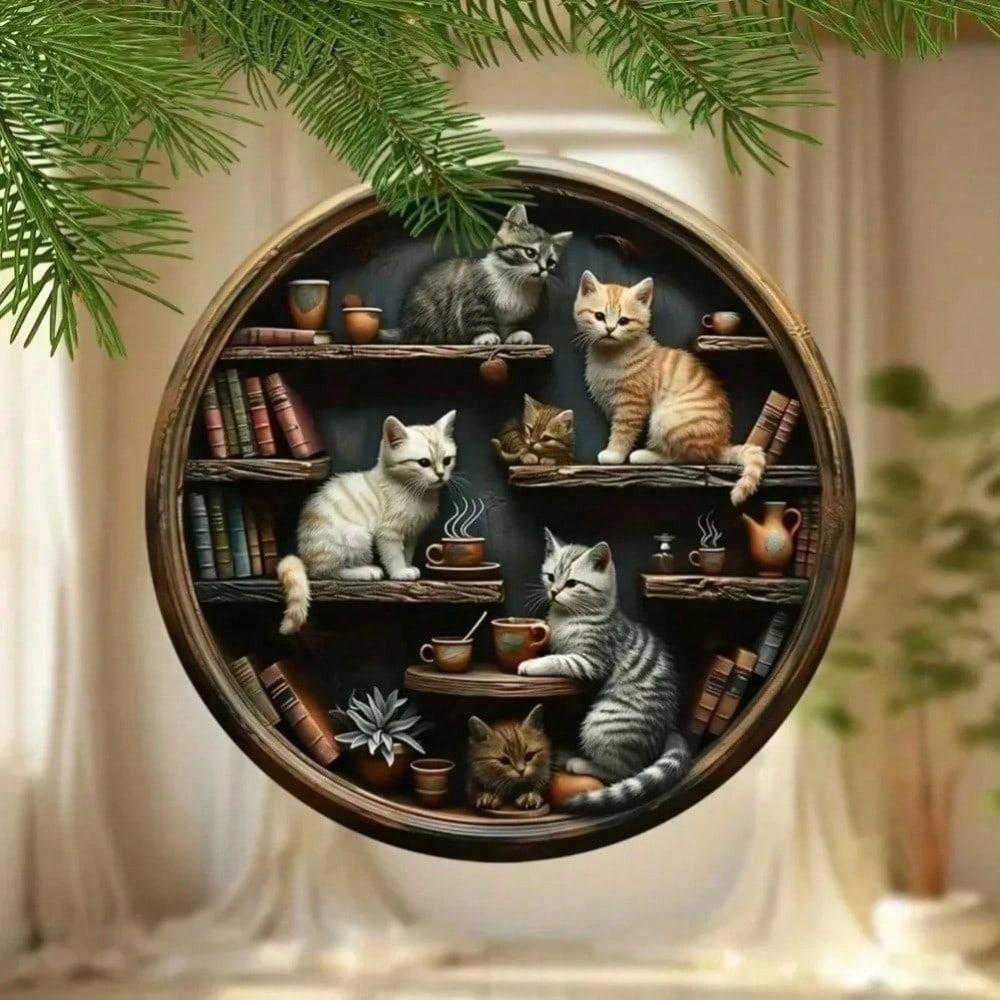 Vintage Metal Tin Sign Cat Library Retro Round Wall Art Home Decor