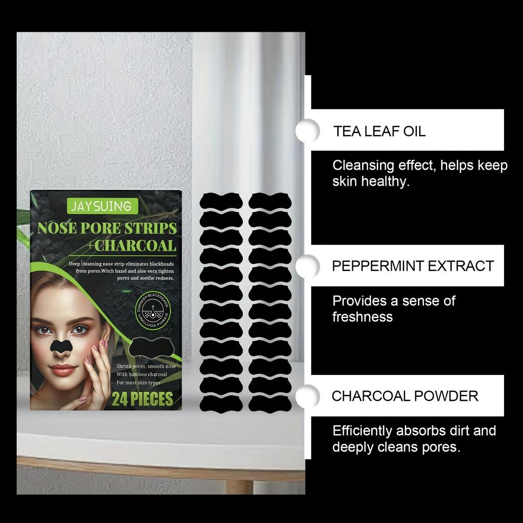 24 Stück/Box Tiefenreinigendes Poren-Nasenpflaster, Reinigt Poren und Mitesser, Feuchtigkeitsspendend und Nährend, Bambuskohle-Adsorption Mitesser-Nasenpflaster