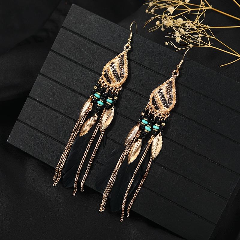 Retro Feather Fringed Earrings Women's Niche Personality Bohemian Blue Long Yunnan Travel Photography Earrings