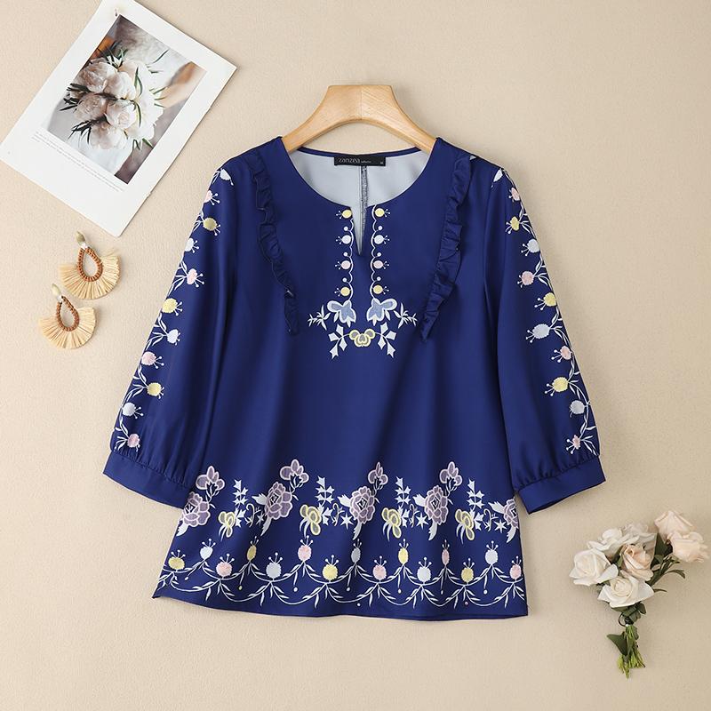 ZANZEA Dámská ležérní halenka s výstřihem do V a 3/4 rukávy s květinovým potiskem