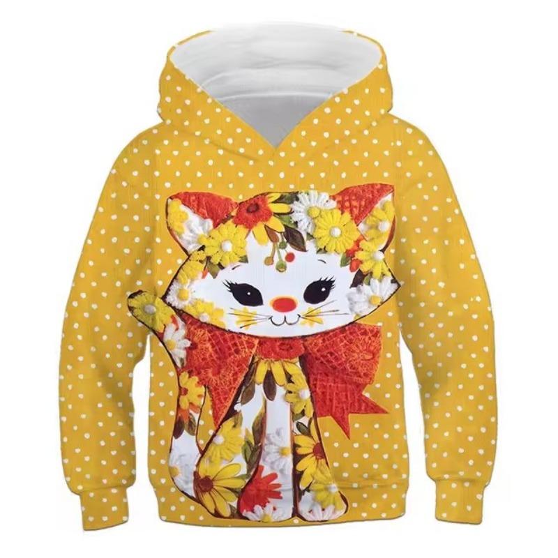 Hoodies Cute Kitten Flowers Print Girls Sweatshirt Stretch Comfortable Fit Long Sleeve Autumn Winter Pullover Tops Youth Kids