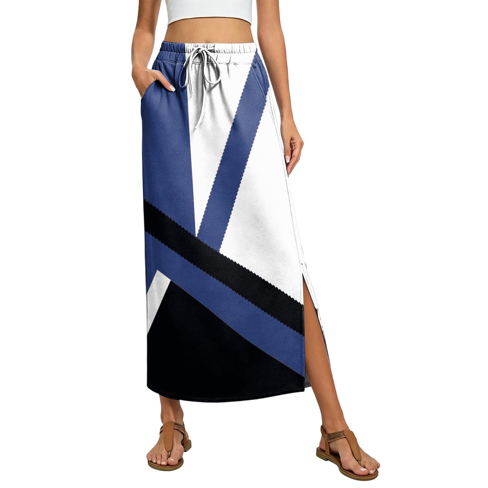 Ladies  floral elastic waist drawstring pocket skirt L синий