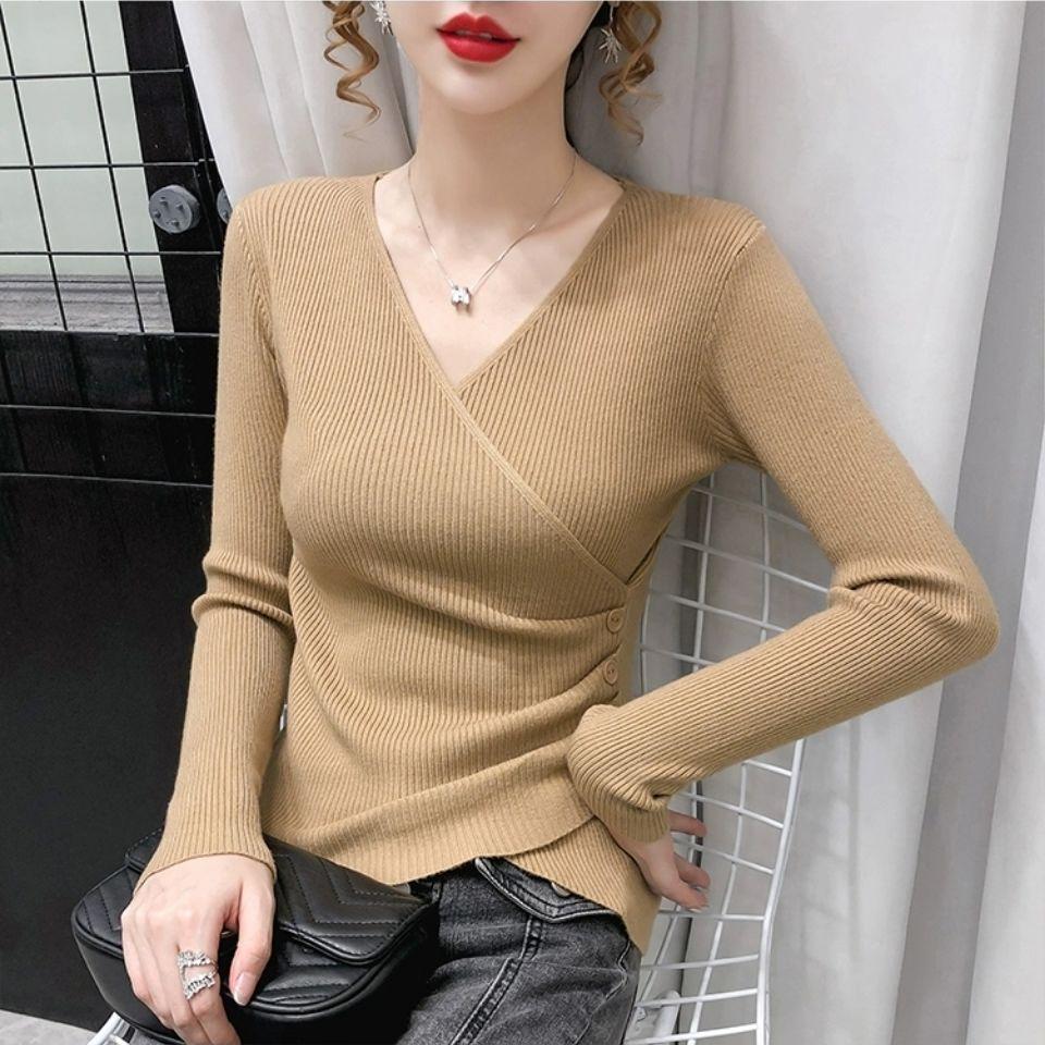 Korean Slim-Fit V-Neck Knit Sweater for Spring & Autumn - Women's Long-Sleeve Top