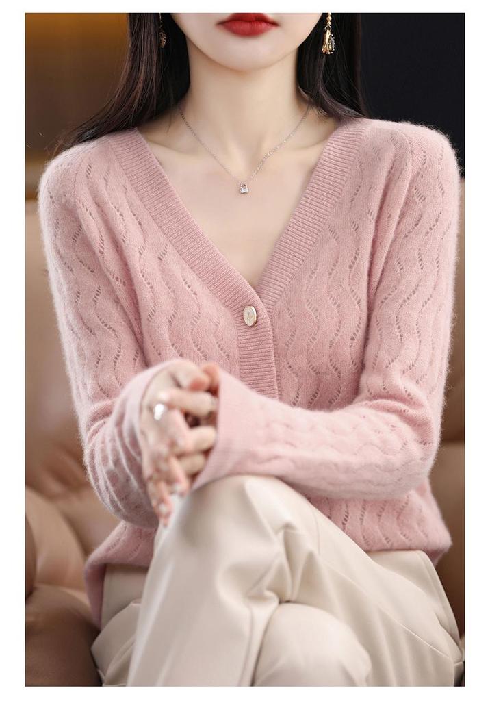 100% Pure Wool V-Neck Jacquard Cashmere Cardigan for Women - Early Spring Collection
