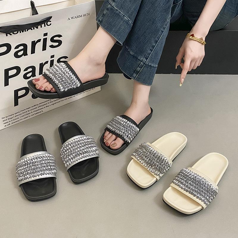 Fashion versatile casual exquisite rhinestone thick-soled one-word slippers women's summer retro temperament open-toed flat-bottomed cool slippers