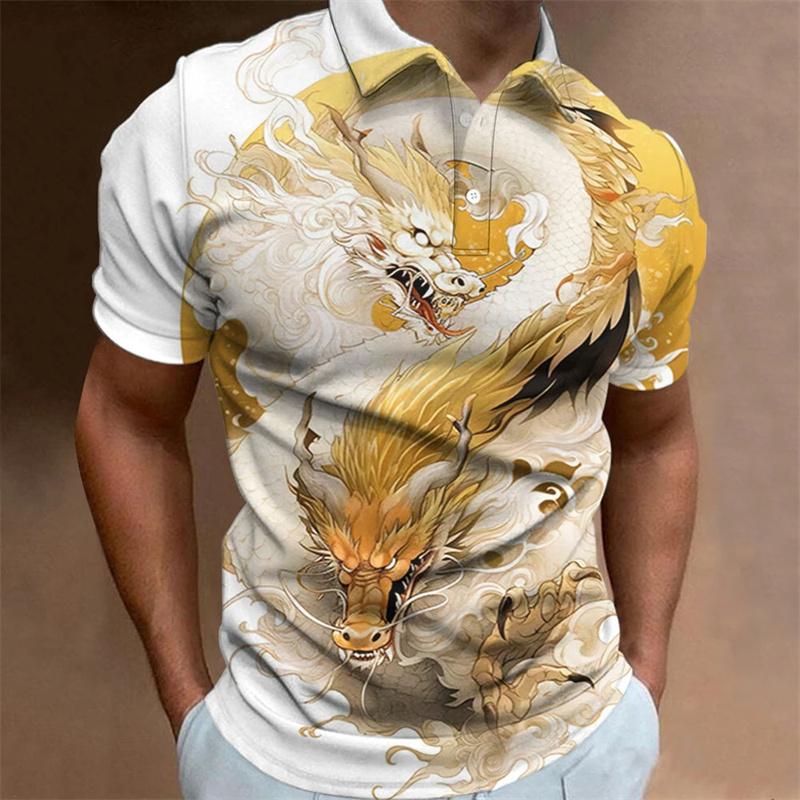 Animal Pattern Polo Shirt for Men Dragon 3D Print Tees Summer Casual Short Sleeved Top Loose Oversized O-Neck Lapel T-Shirts