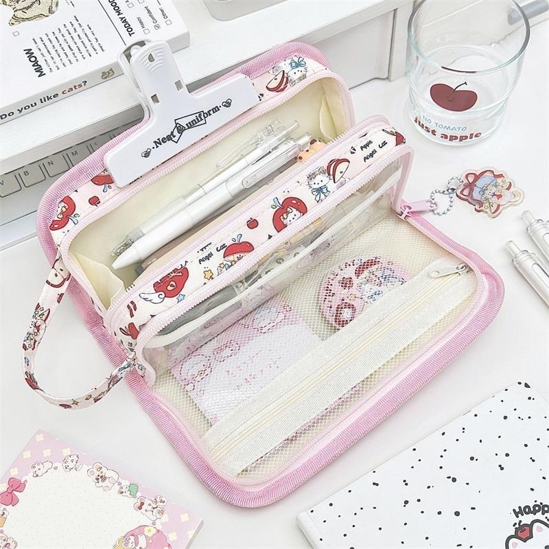 Pink Apple Cat Kitten Pain Bag Large Capacity Multi-Layer Pencil Case Student Stationery Girl Portable Cosmetic Storage Bag Gift
