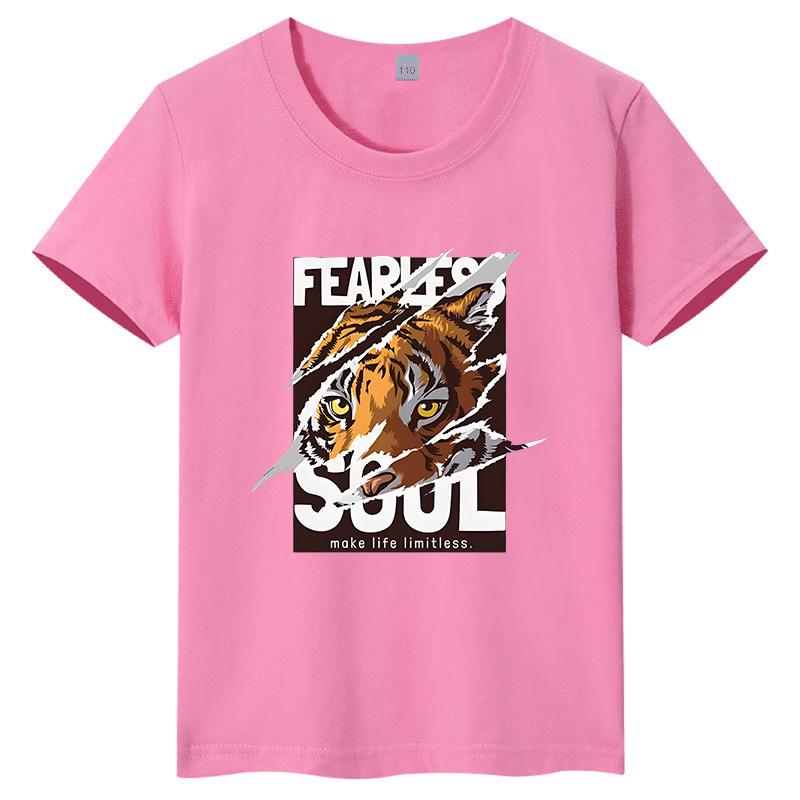 2026 Fearless Tiger American Street Style Printed Children's T-shirt Pure Cotton Children's Short Sleeve Casual Top