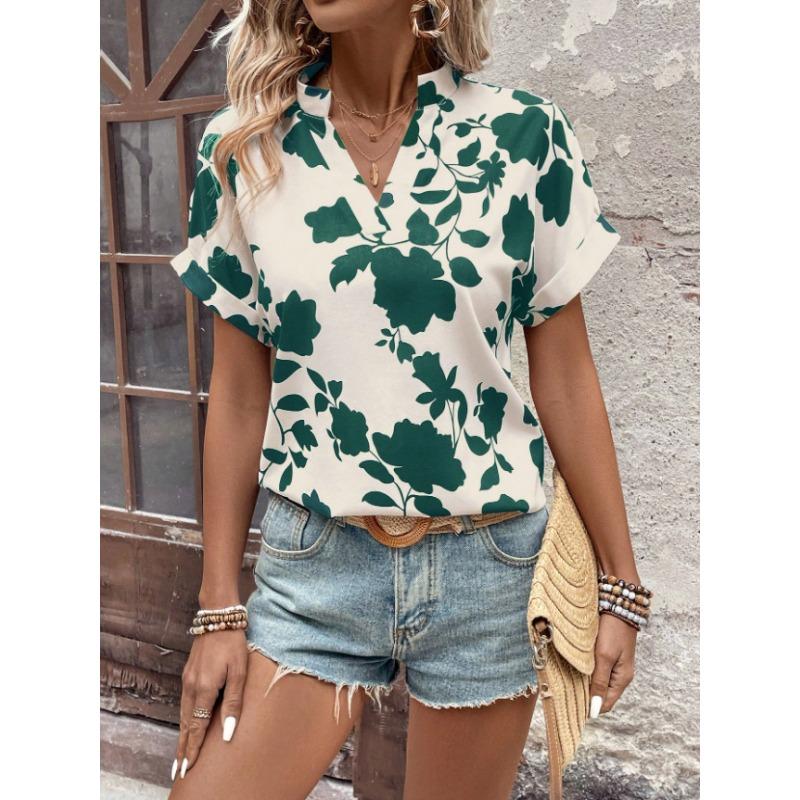 Women Floral Print V Neck Short Sleeve Blouse Casual Notch Collar Rolled Cuff Shirt