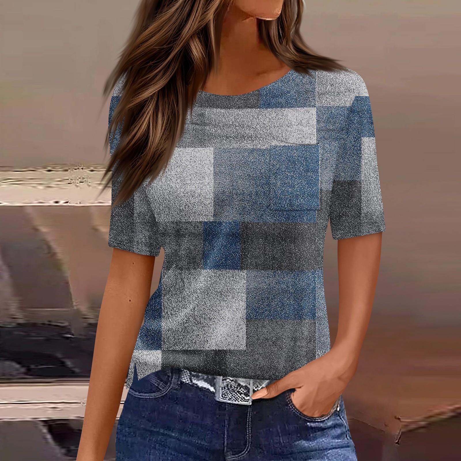 

Футболки для женщин, плиссированные, с круглым вырезом, нарядные, повседневные, блузки с принтом, с коротким рукавом, летние топы, свободный крой M светло-синий