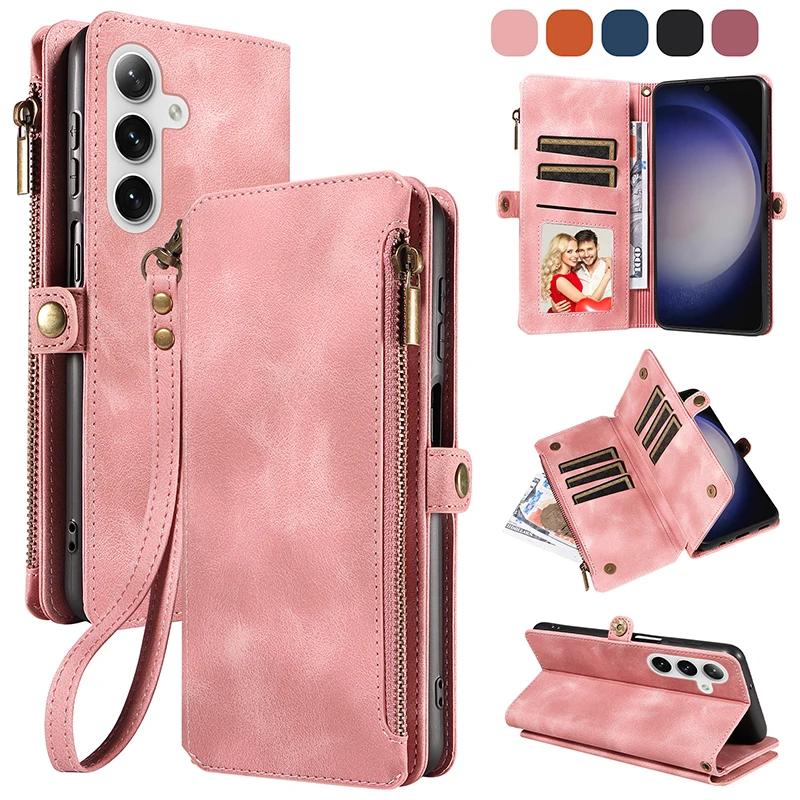 Flip Zipper Wallet Cards Solt Leather Case for Samsung Galaxy S25 Ultra S24 Plus S23 S22 A55 A15 A35 A34 A54 Phone Bags Cover