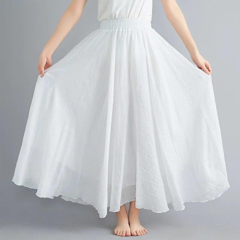 Fashion Solid Cotton Linen Women Skirts Maxi Elegant Harajuku Saia Casual Loose Long Skirt Ladies Clothes