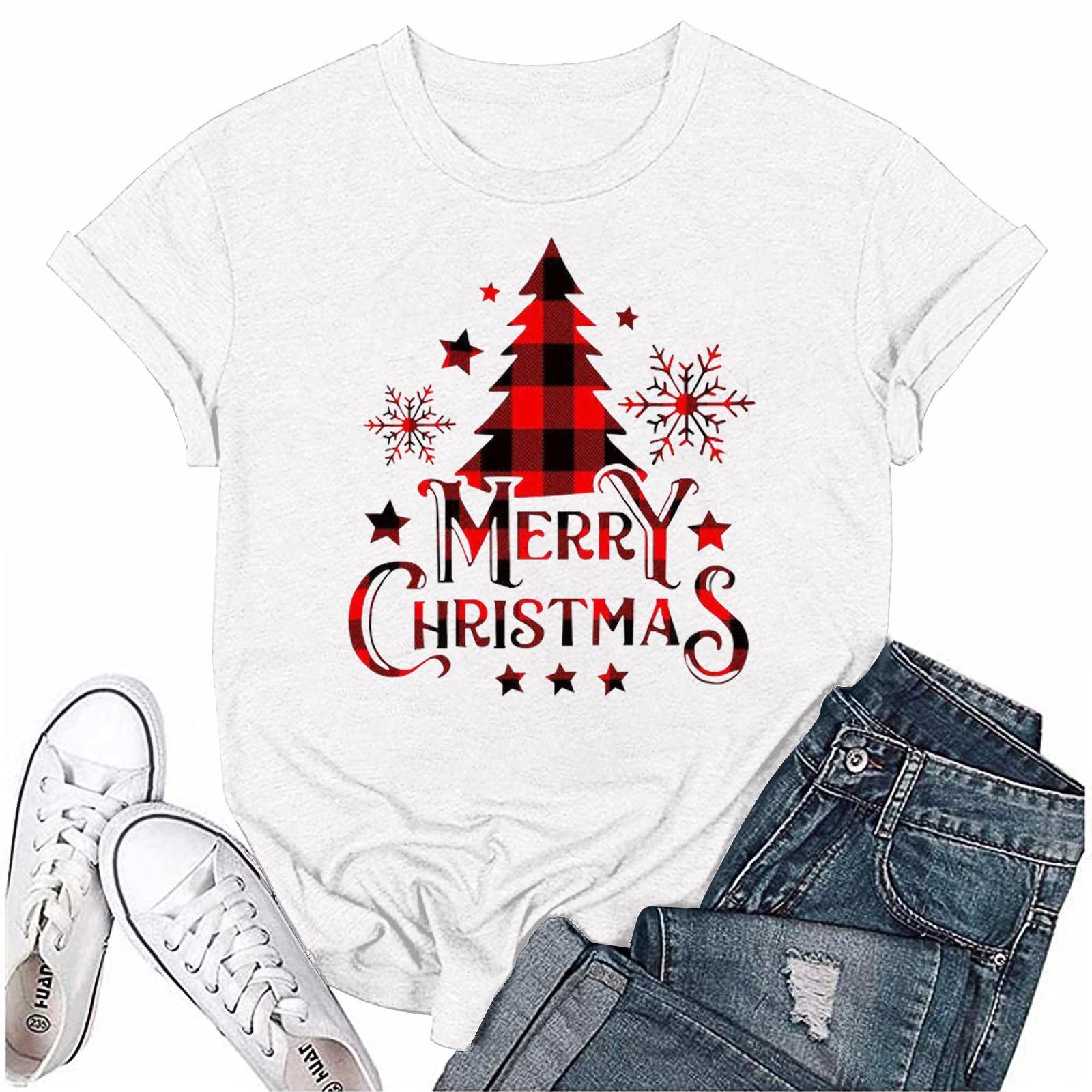 

Жіночий повсякденний різдвяний вільний пуловер із короткими рукавами та круглим вирізом. Топ XL білий