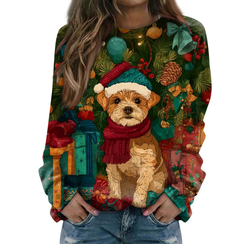 Women's Fashion Casual Long Sleeve Christmas Printed Neck Sweatshirt Top