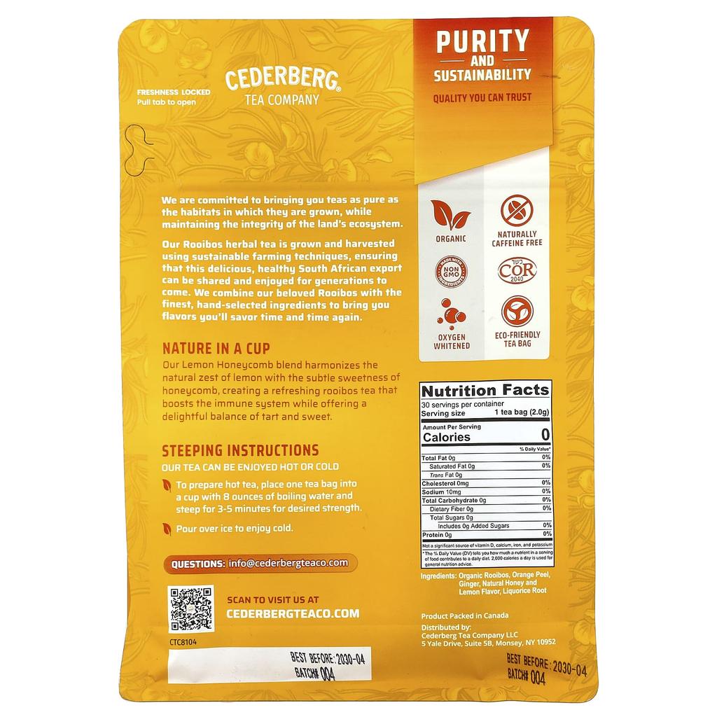 Cederberg Tea Co Citronový plástvový rooibos, Bez kofeinu, 30 čajových sáčků, 60g (2,1 oz)