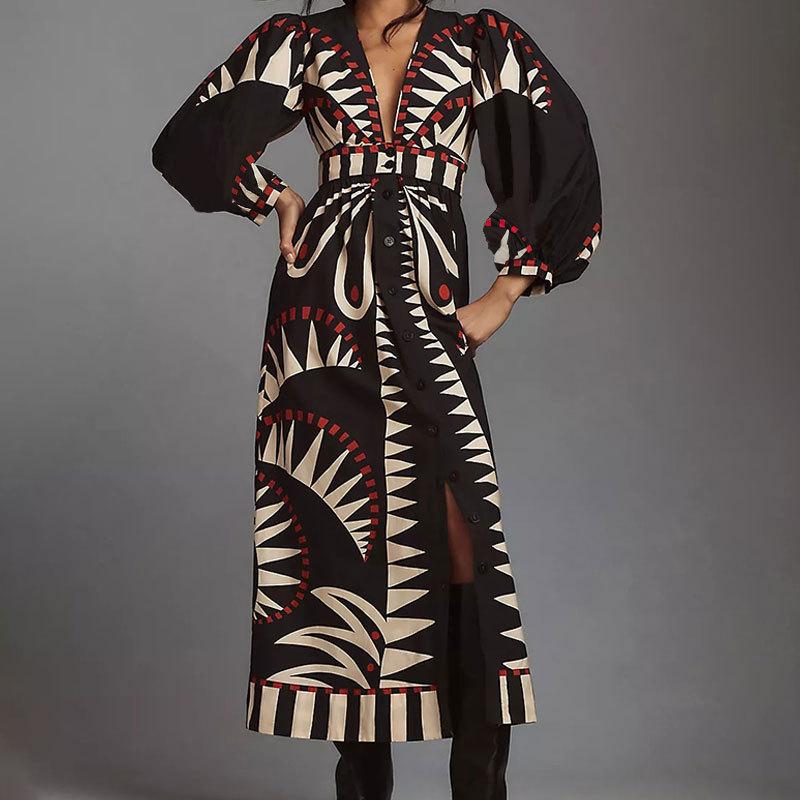 Black V-neck Printed Dresses Lantern Sleeve Lady High Waist Vintage Long Dress Classic Female Vocation Robes Outfits