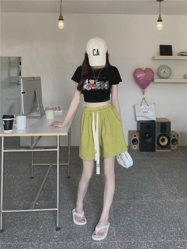 Women's High-Waist Elastic Sports Shorts - Summer 2024 Korean Style Wide-Leg Casual Pants