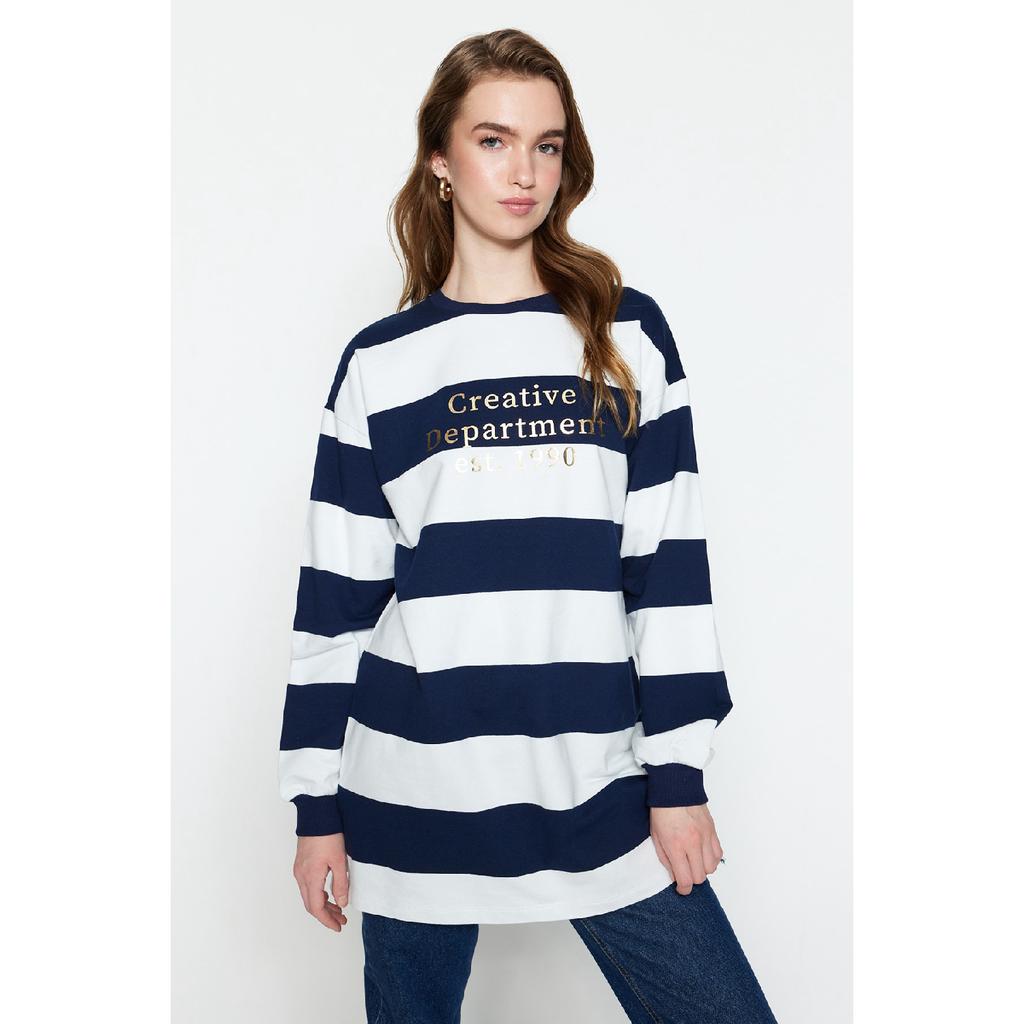 Navy Blue Striped Printed Knitted Tunic Tctss23uk00041