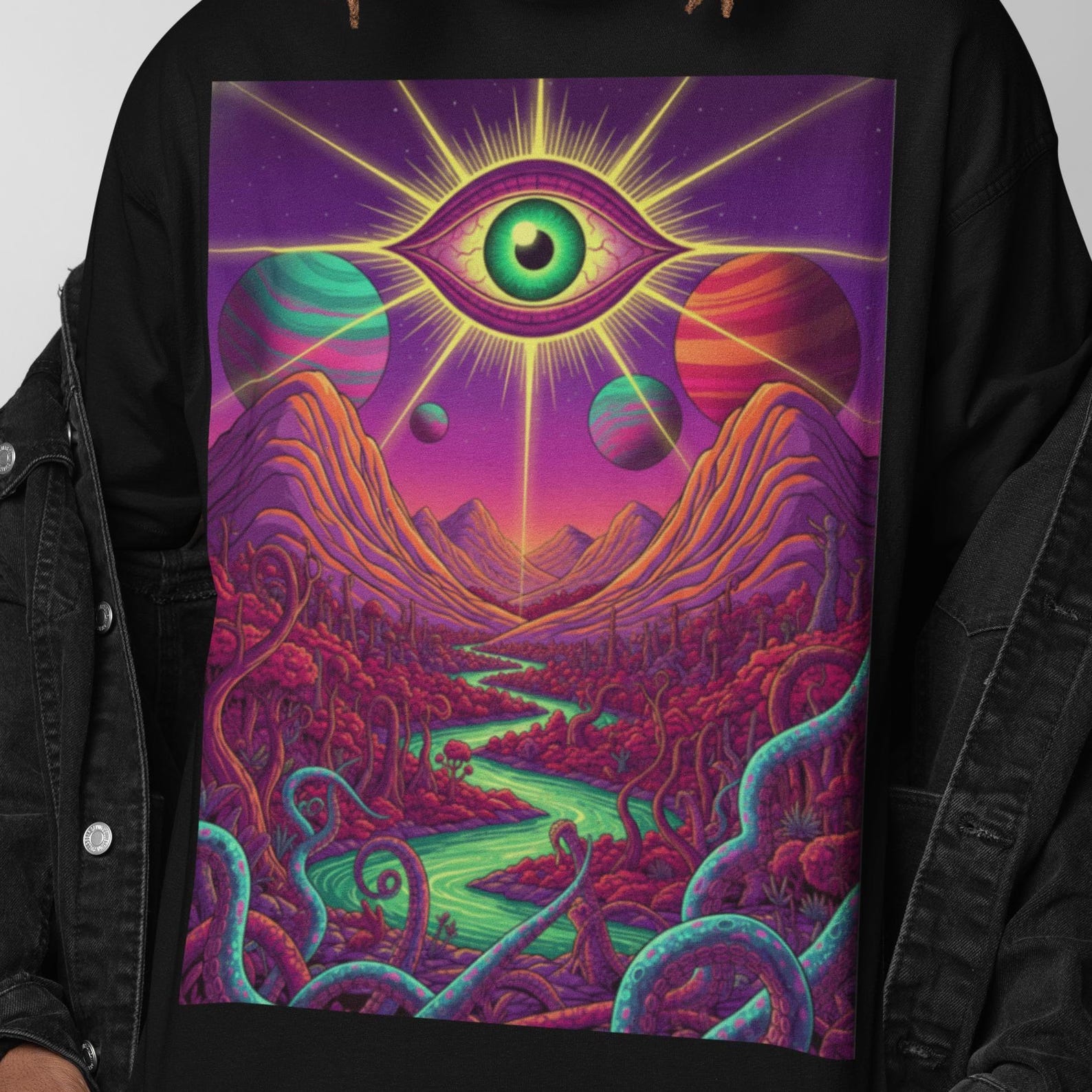 Bold Colorful All Seeing Eye T-Shirt | Psychedelic Planets Galaxy Graphic Shirt | Surreal Cosmic Vision Tee | Gift for Art Lovers S