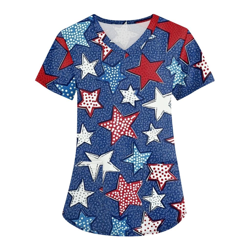 Damen Druck Uniform Arbeitsuniform V-Ausschnitt Taschen Basic Kurzarm Pullover Oberteil