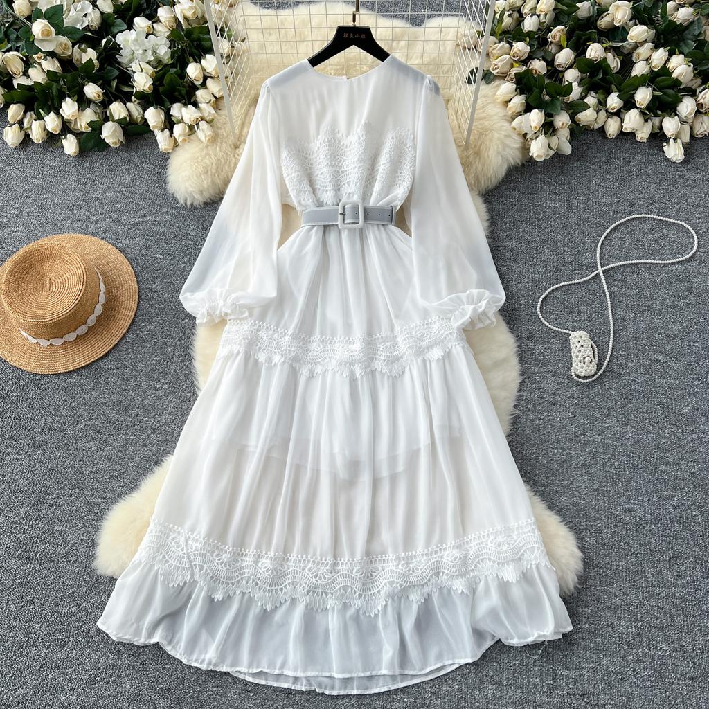 French O Neck Cut Out Lace PATCHWORK Lantern Sleeve Korean Fashion Dress Women's Summer Waist Sweet Dresses