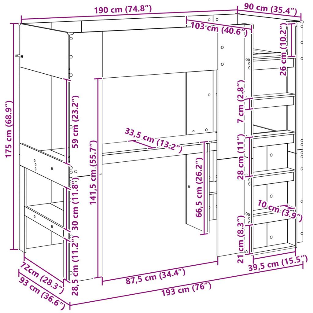 Loft Bed Frame with Desk Reclaimed Wood Look 90 x 190 cm