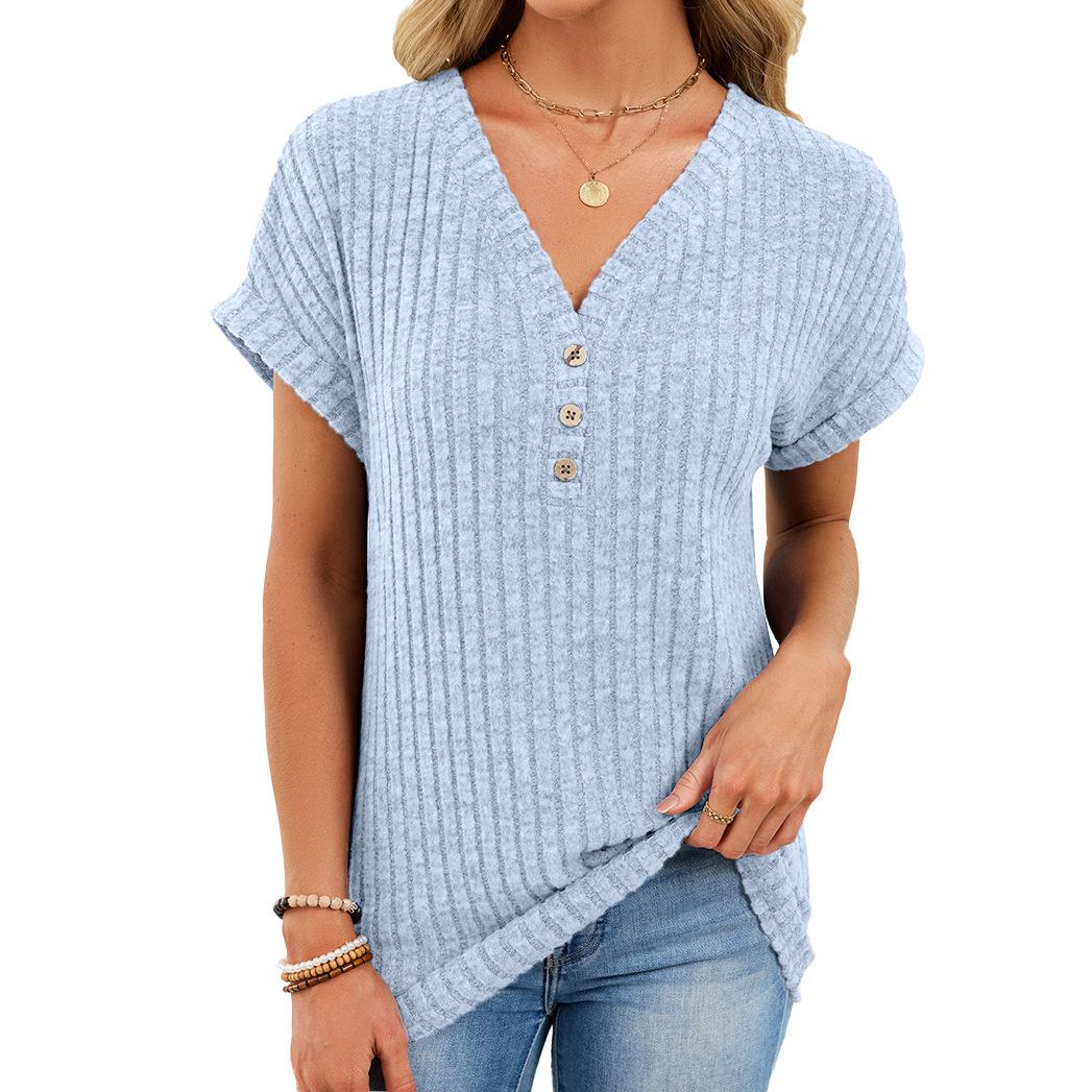 

European Style Spring and Summer Solid Color V-Neck Button Casual Knitted Women Short Sleeve T-Shirt XL