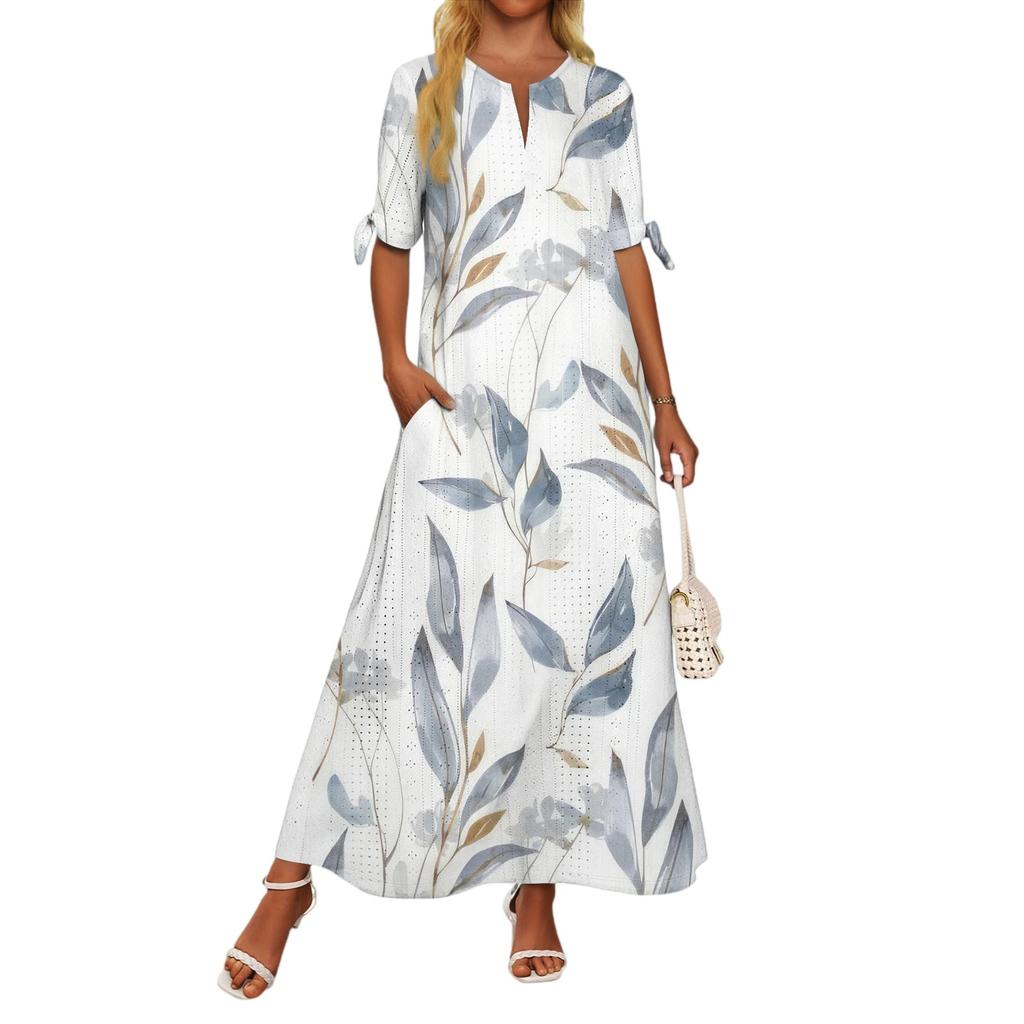 Ladies Casual Fashion Temperament Elegant Waist Patchwork Print Long Dress