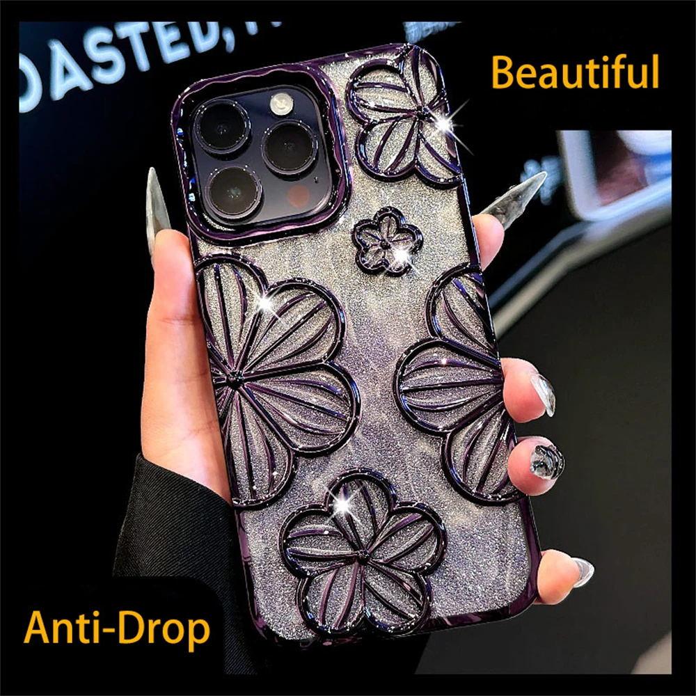 Luxury Plating Glitter Laser Flowers Gradual Soft Case For iPhone 16 Pro Max 15 14 13 12 11 Artistic Lens Protective Cover Funda