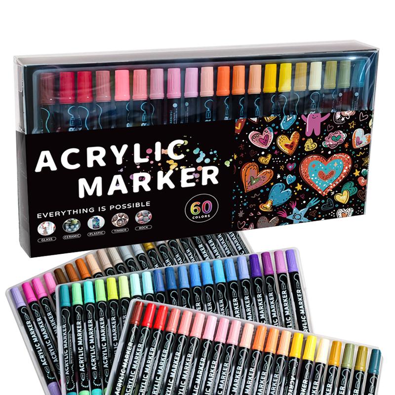 Acrylic Marker 36/60 Colors Dual Tip Paint Pens for Rock Wood Canvas Glass Ceramic Art Supplies