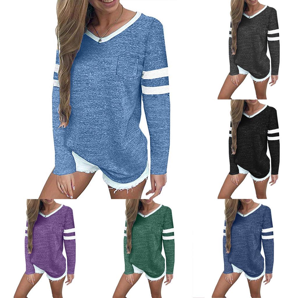 

Women Summer Casual V Neck Long Sleeve Pocket Blouse Tops T Shirt