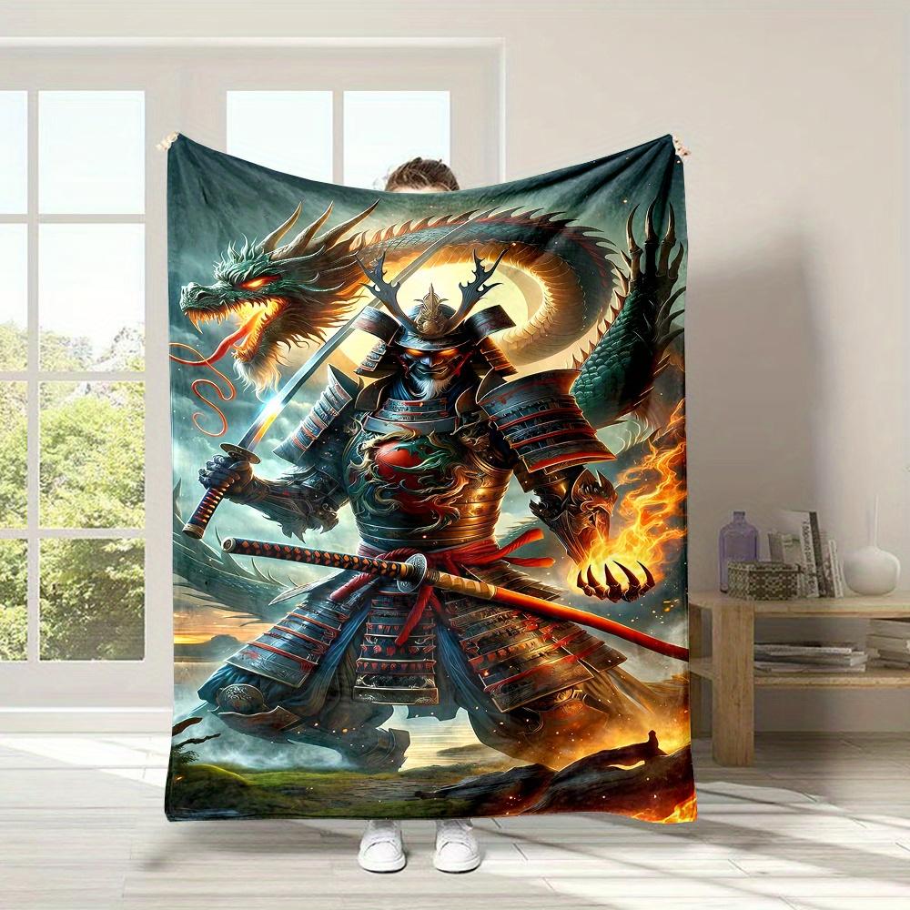 Warrior and Dragon Pattern Flannel Printed Blanket Suitable for All Seasons Suitable for Living Room Office Sofa and Travel