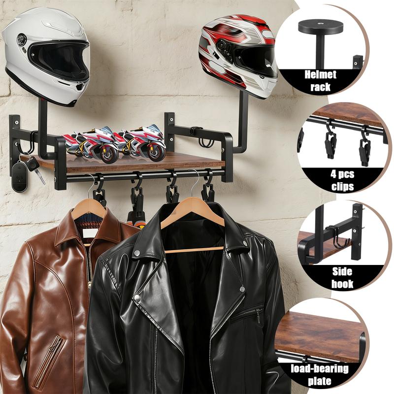 Helmet Holder Wooden Wall Mount Motorcycle Helmet Display Stand with 4 Clip and 2 Hook Multi-purpose Riding Suits Storage Rack