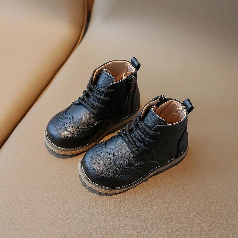 

Children Boots Autumn Kids Soft PU Leather Boots Brogue Style Lace-up Side Zip 1-6 Years Girls Boys Ankle Boots Brown,Black 21