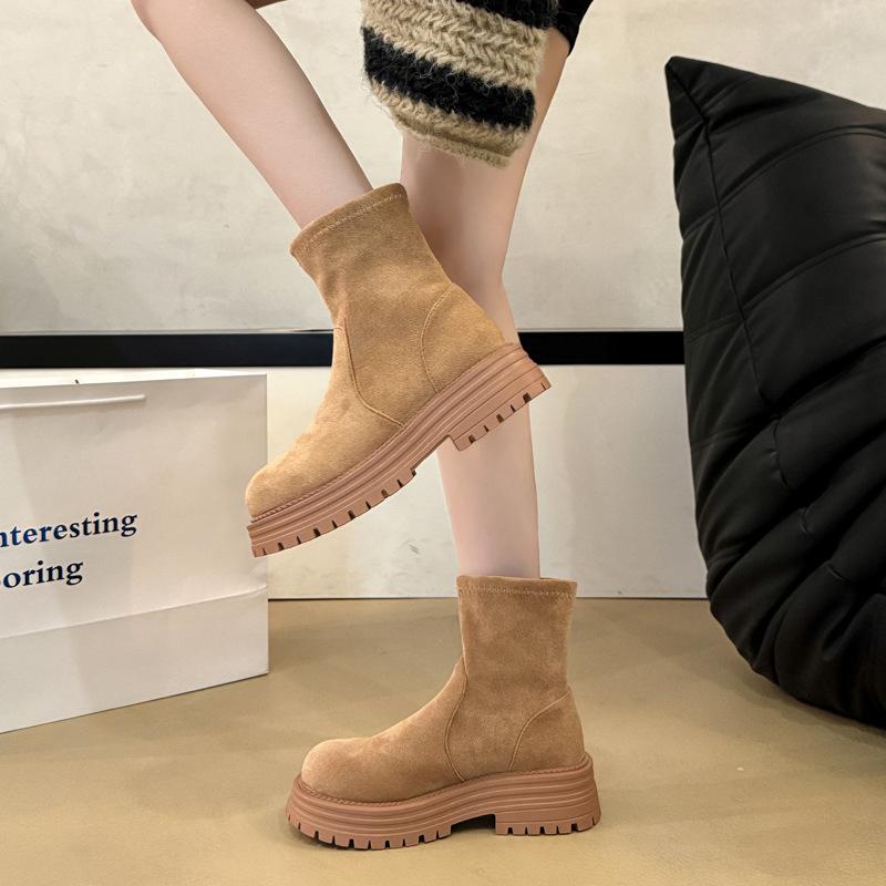 Original Autumn and Winter Thick-soled One-pedal Elastic Thick-heeled Martin Boots Low-heeled Leather Short Boots Thin Women's Boots