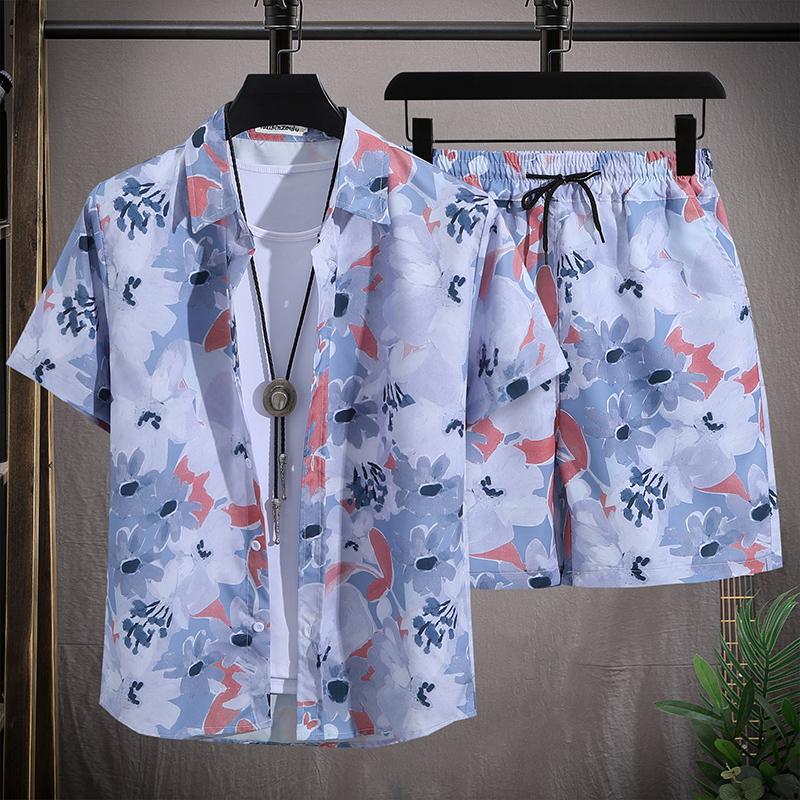 Hawaiian Men's Beach Set Single Chest Short Sleeve Shirt and Shorts Summer Leisure Travel Set