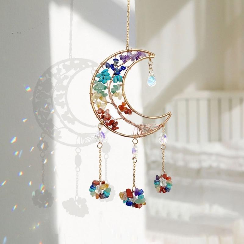 Hanging Crystal Stone Craft Dreamcatchers Colorful Moon Shape Suncatchers Ornament Rainbow Maker Car Hangers Home Decors