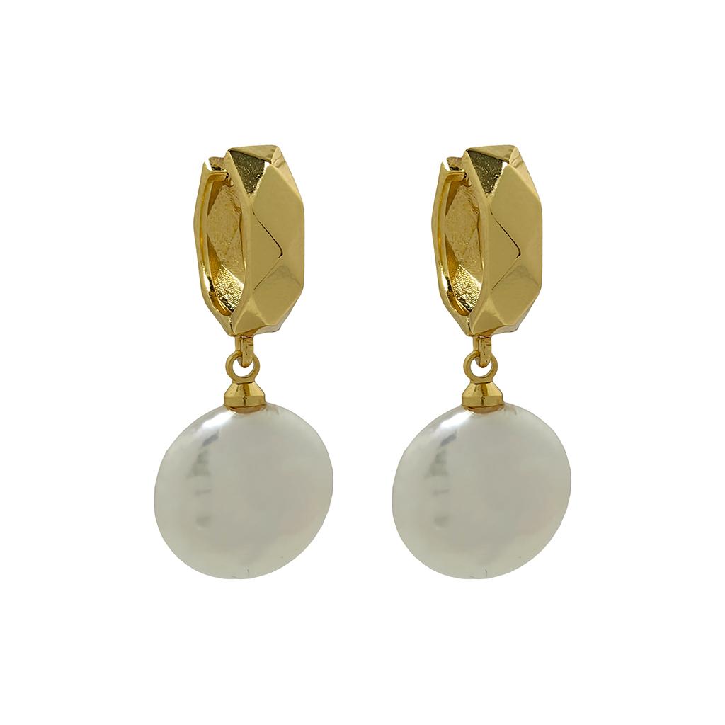 Hengsheng 10-13mm Big Baroque Button Pearl Earrings for Women Geometric Pattern Stud Earrings Jewelry Gift white